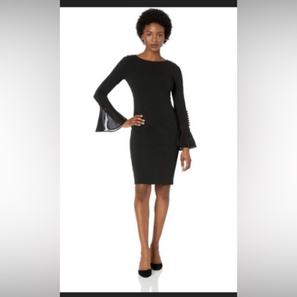 Calvin Klein Women’s Black Sheath Dress With Chiffon Bell Sleeves, 4 Petite NWT